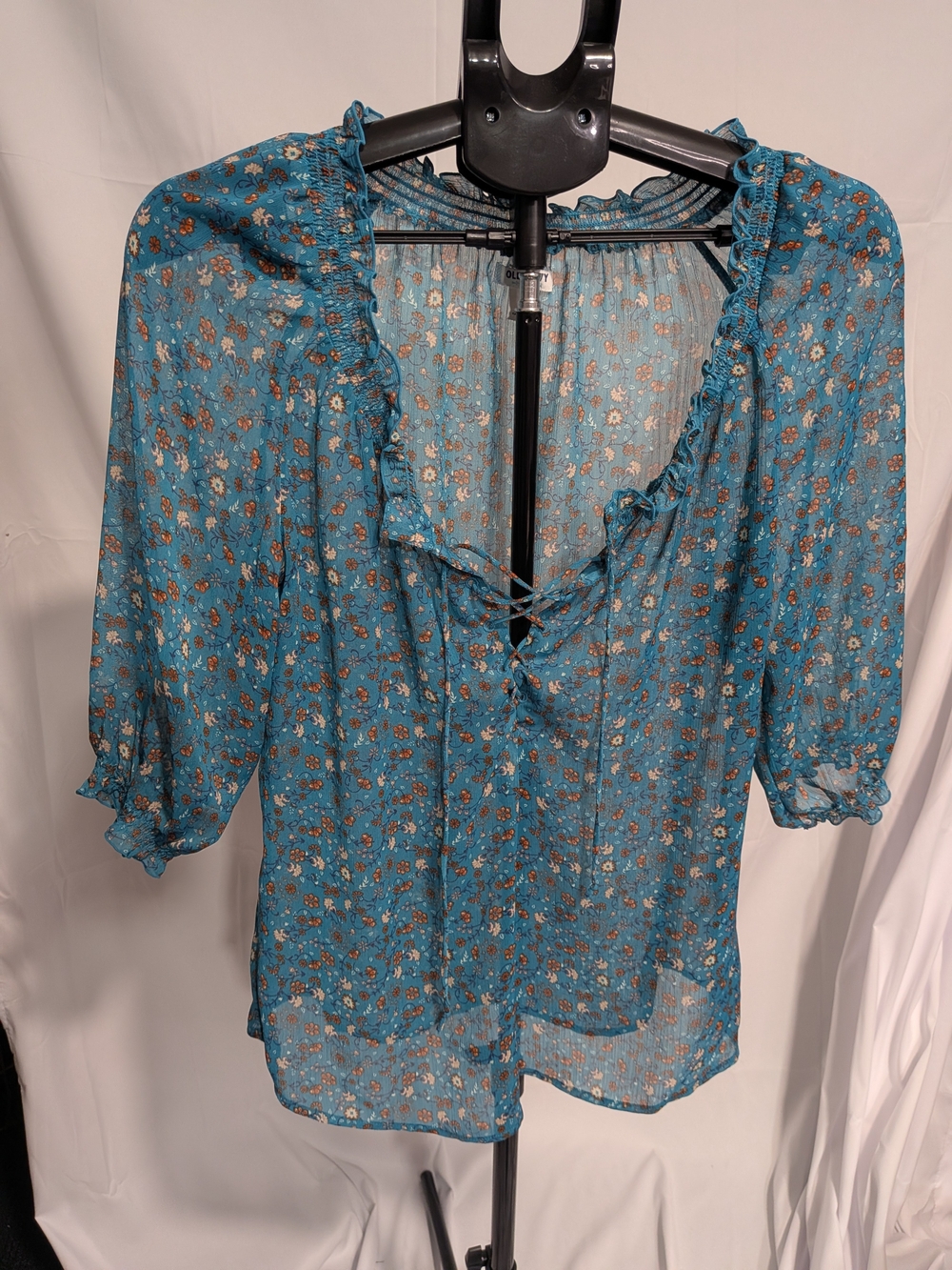 Old Navy Teal Floral Lace-Up Ruffle Blouse - Women Tops